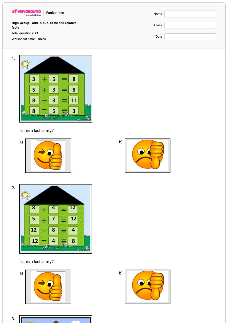 High Group - add. & sub. to 20 and relative facts - Printable Fact-families Worksheets - Wayground