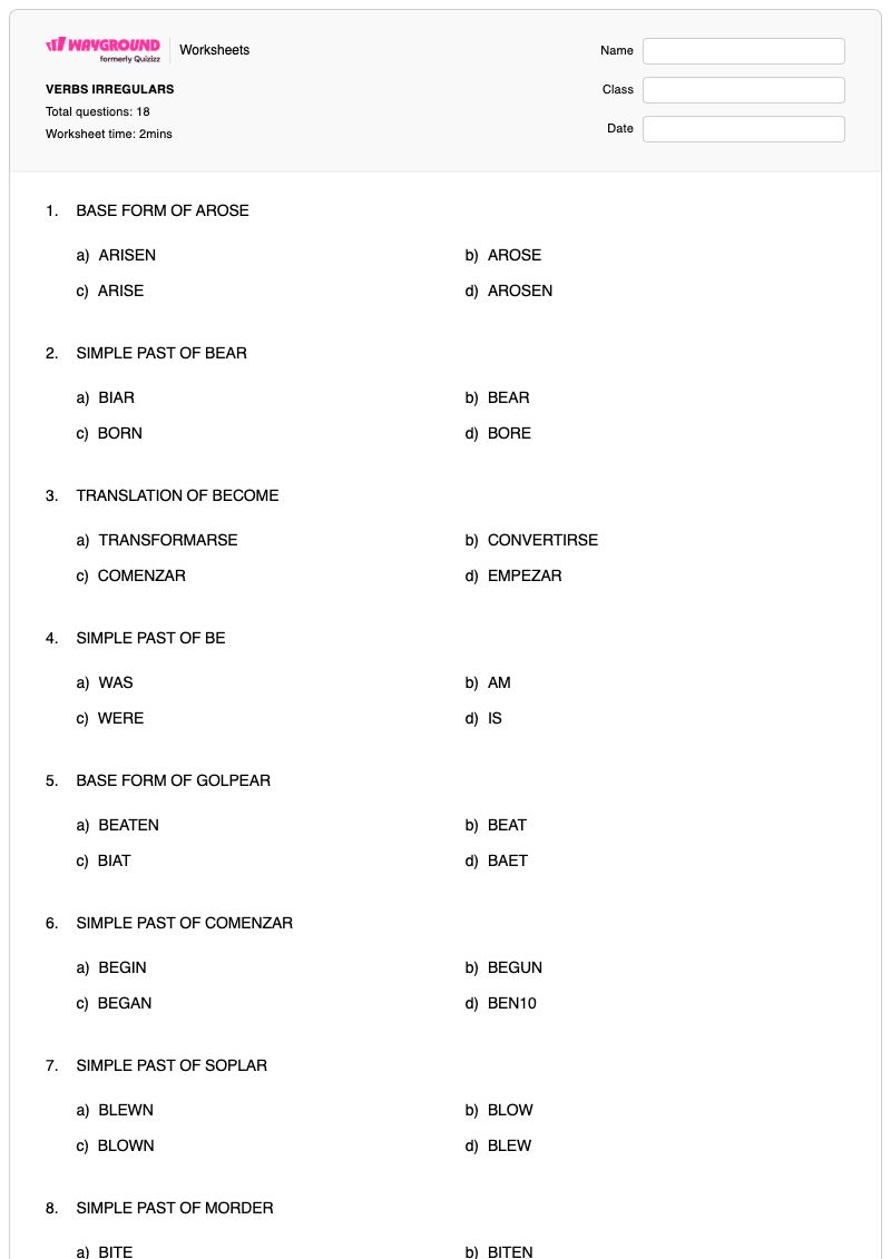 VERBS IRREGULARS - Printable Verb-conjugation Worksheets Year 6 - Wayground