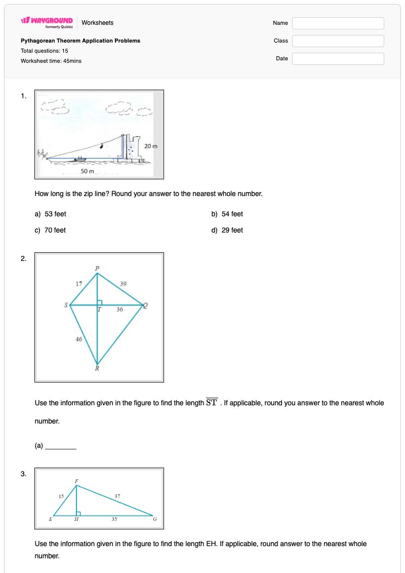 Pythagorean Theorem Application Problems - พิมพ์ได้ Diamond-problems เวิร์กชีท ระดับ 8 - Wayground