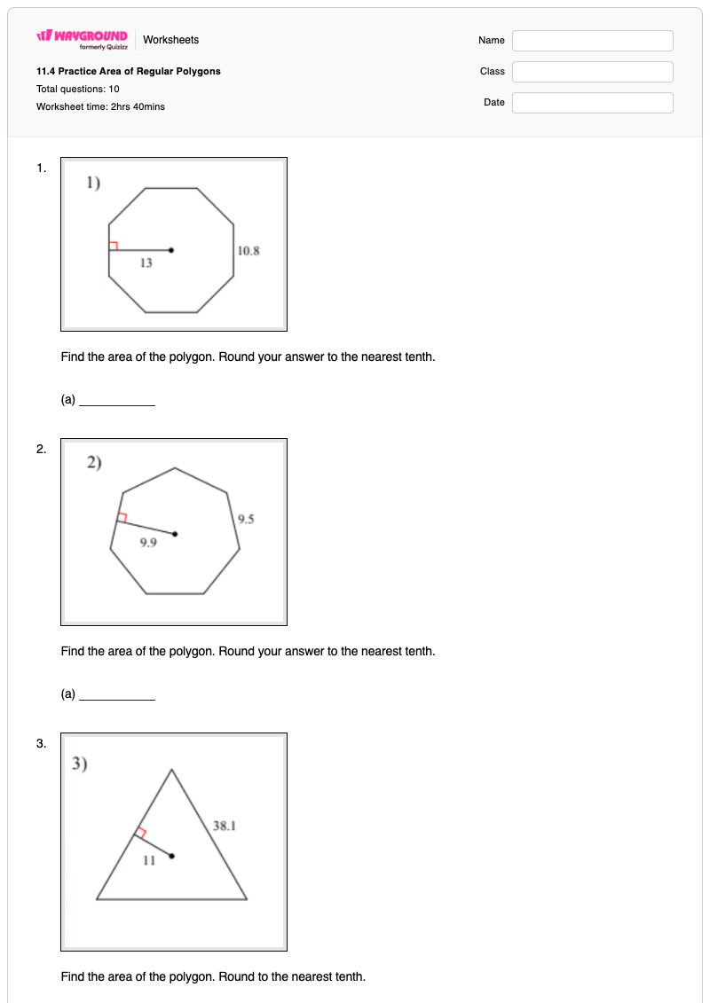 11.4 Practice Area of Regular Polygons - Printable Area-of-regular-polygons Worksheets - Wayground