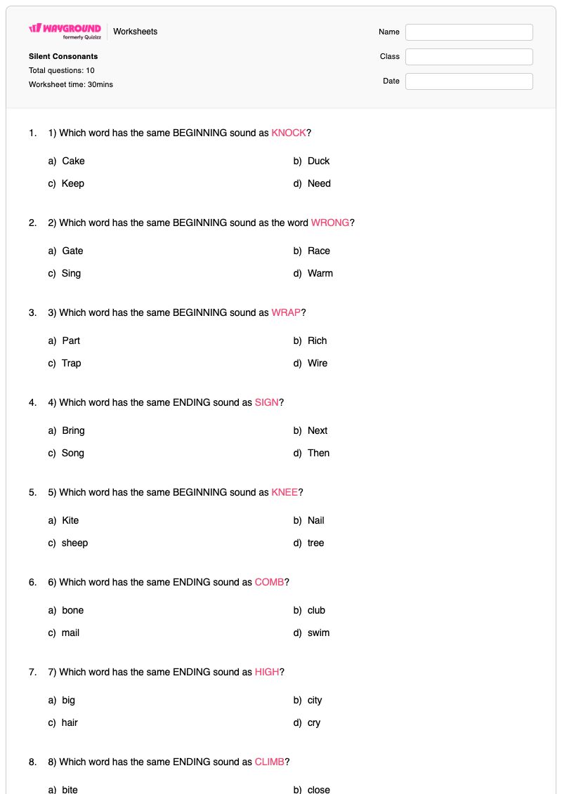 Silent Consonants - พิมพ์ได้ Beginning-sounds เวิร์กชีท - Wayground
