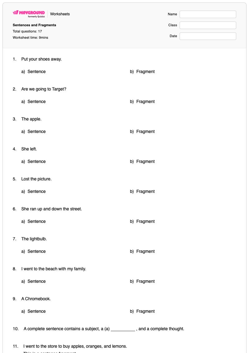 Sentences and Fragments - พิมพ์ได้ การสร้างประโยค เวิร์กชีท ระดับ 4 - Wayground
