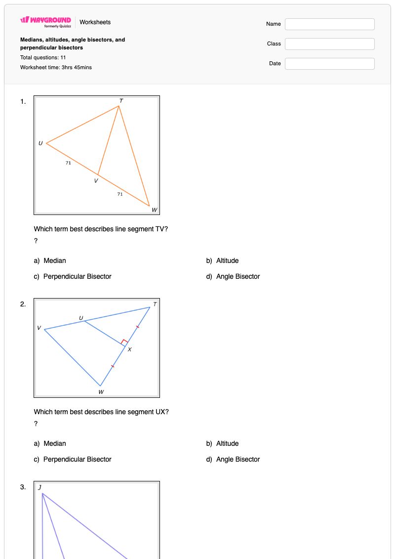 Medians, altitudes, angle bisectors, and perpendicular bisectors - พิมพ์ได้ Angle-bisector เวิร์กชีท - Wayground