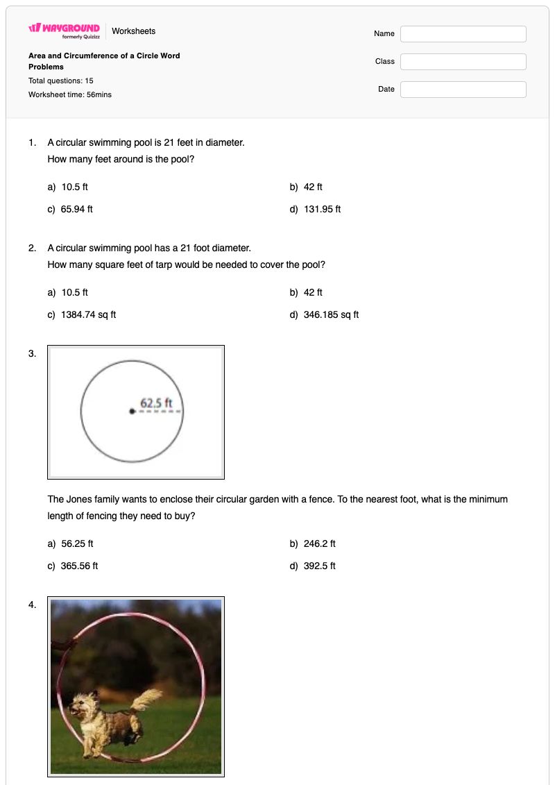 Area and Circumference of a Circle Word Problems - พิมพ์ได้ พื้นที่และเส้นรอบวงของวงกลม เวิร์กชีท - Wayground