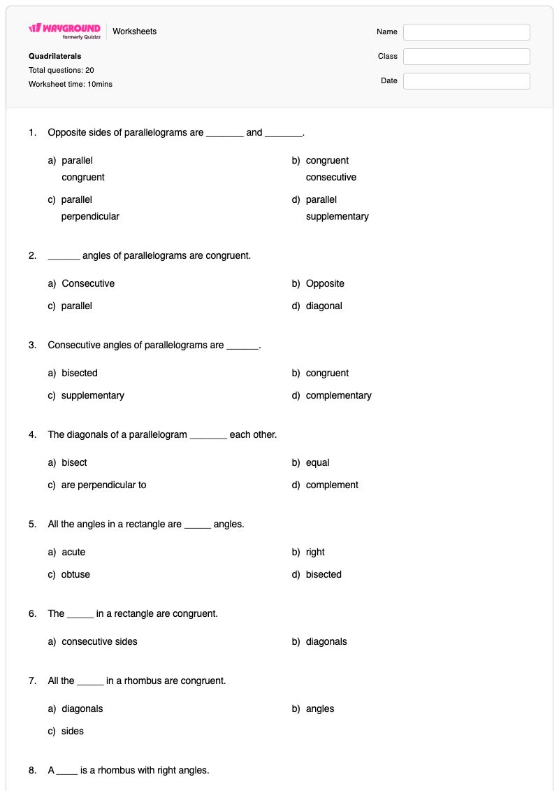 Quadrilaterals - Printable Properties-of-parallelograms Worksheets - Wayground