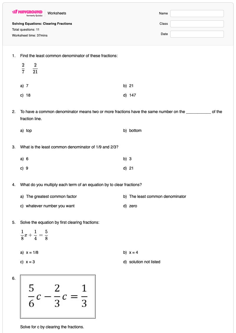 Solving Equations: Clearing Fractions - Printable Least-common-denominator Worksheets - Wayground
