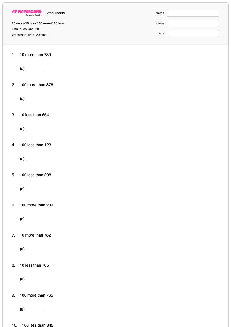 10 more/10 less 100 more/100 less - Printable Number-comparison-more-and-less Worksheets Grade 2 - Wayground