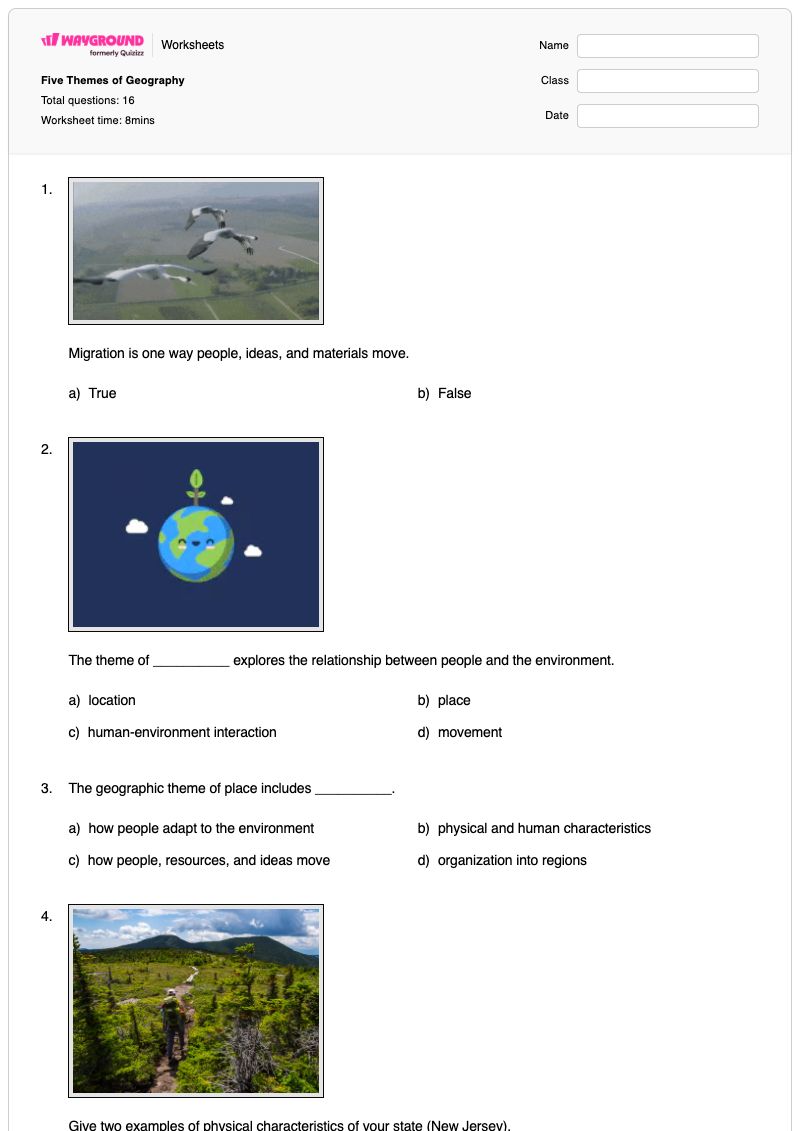 Five Themes of Geography - พิมพ์ได้ State-maps เวิร์กชีท ระดับ 4 - Wayground