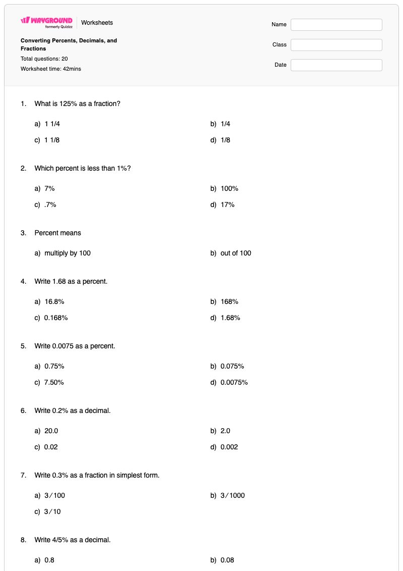 Converting Percents, Decimals, and Fractions - Printable Converting-percents-decimals-and-fractions Worksheets Grade 6 - Wayground