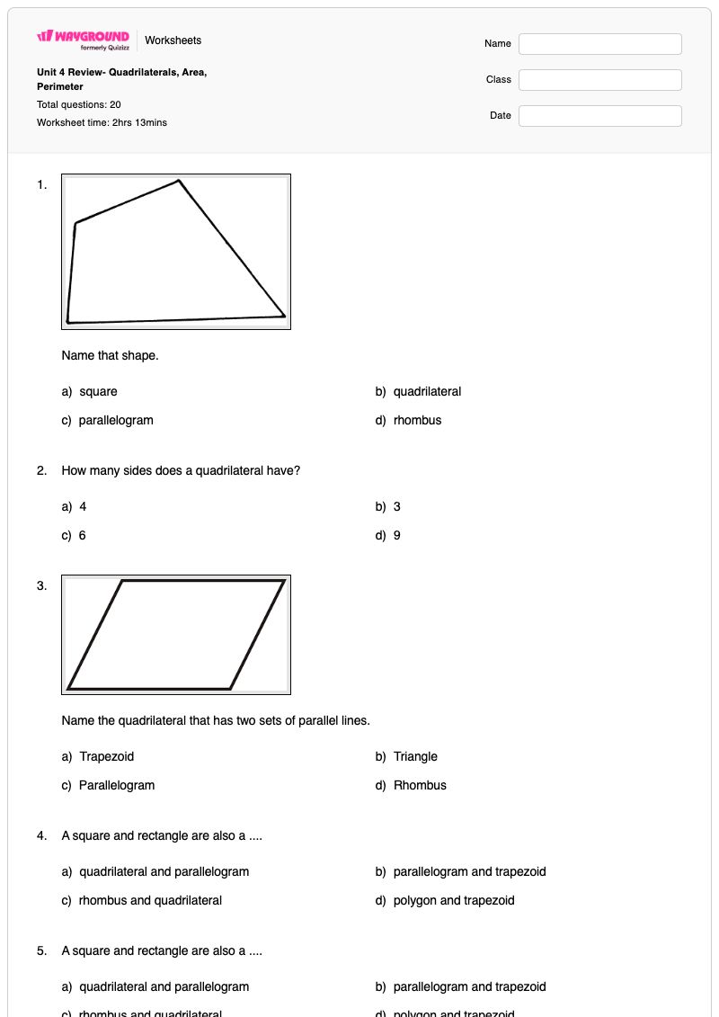 Unit 4 Review- Quadrilaterals, Area, Perimeter - พิมพ์ได้ พื้นที่และปริมณฑล เวิร์กชีท - Wayground