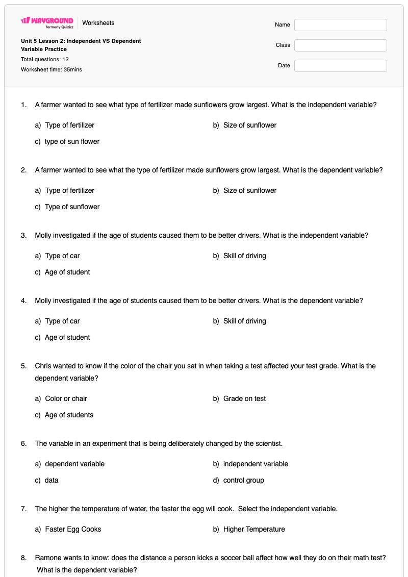 Unit 5 Lesson 2: Independent VS Dependent Variable Practice - พิมพ์ได้ Identifying-variables เวิร์กชีท - Wayground