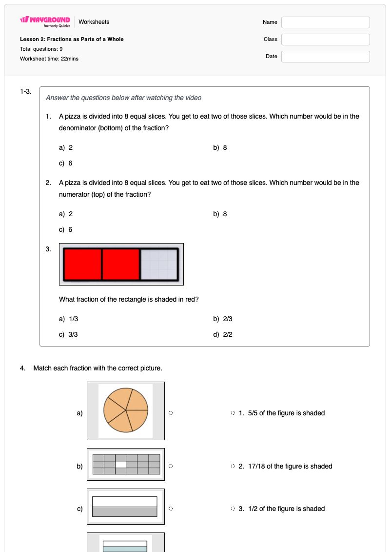 Lesson 2: Fractions as Parts of a Whole - พิมพ์ได้ แบบจำลองเศษส่วน เวิร์กชีท ระดับ 1 - Wayground
