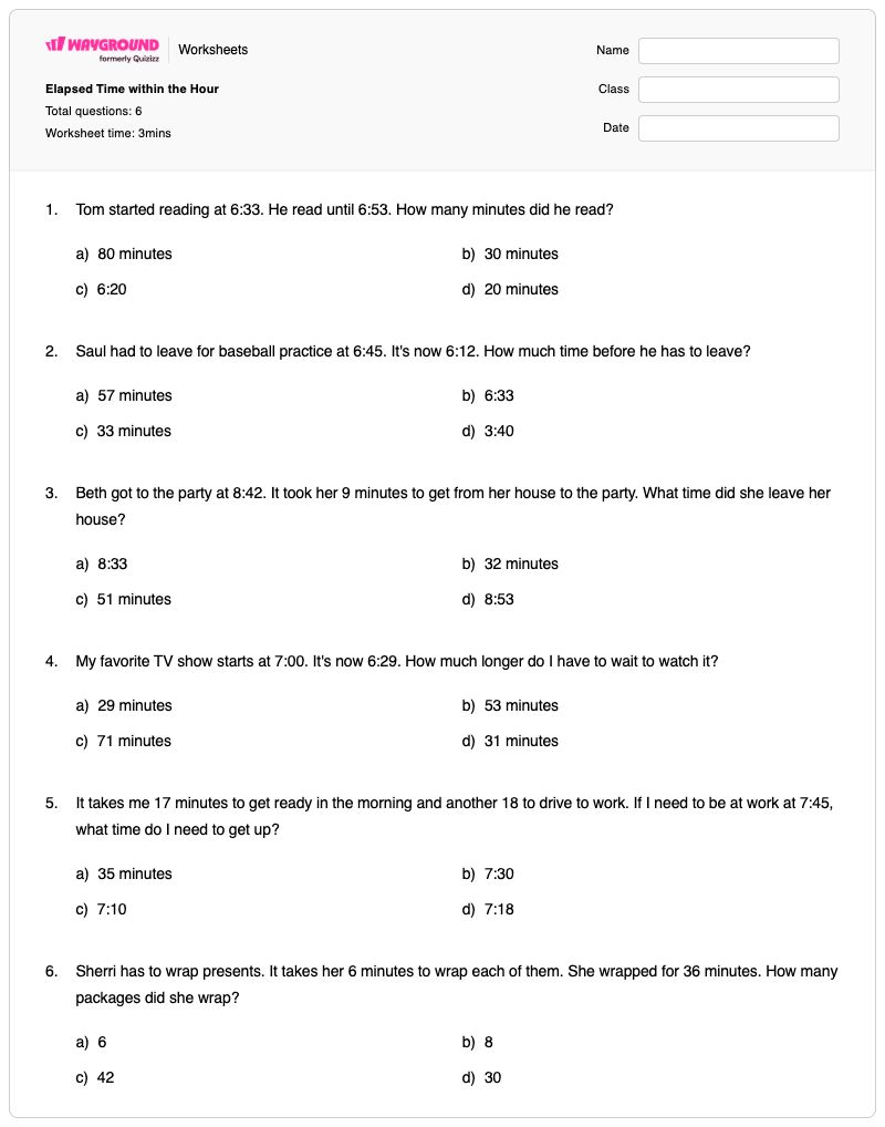 Elapsed Time within the Hour - Printable Time-to-the-hour Worksheets - Wayground