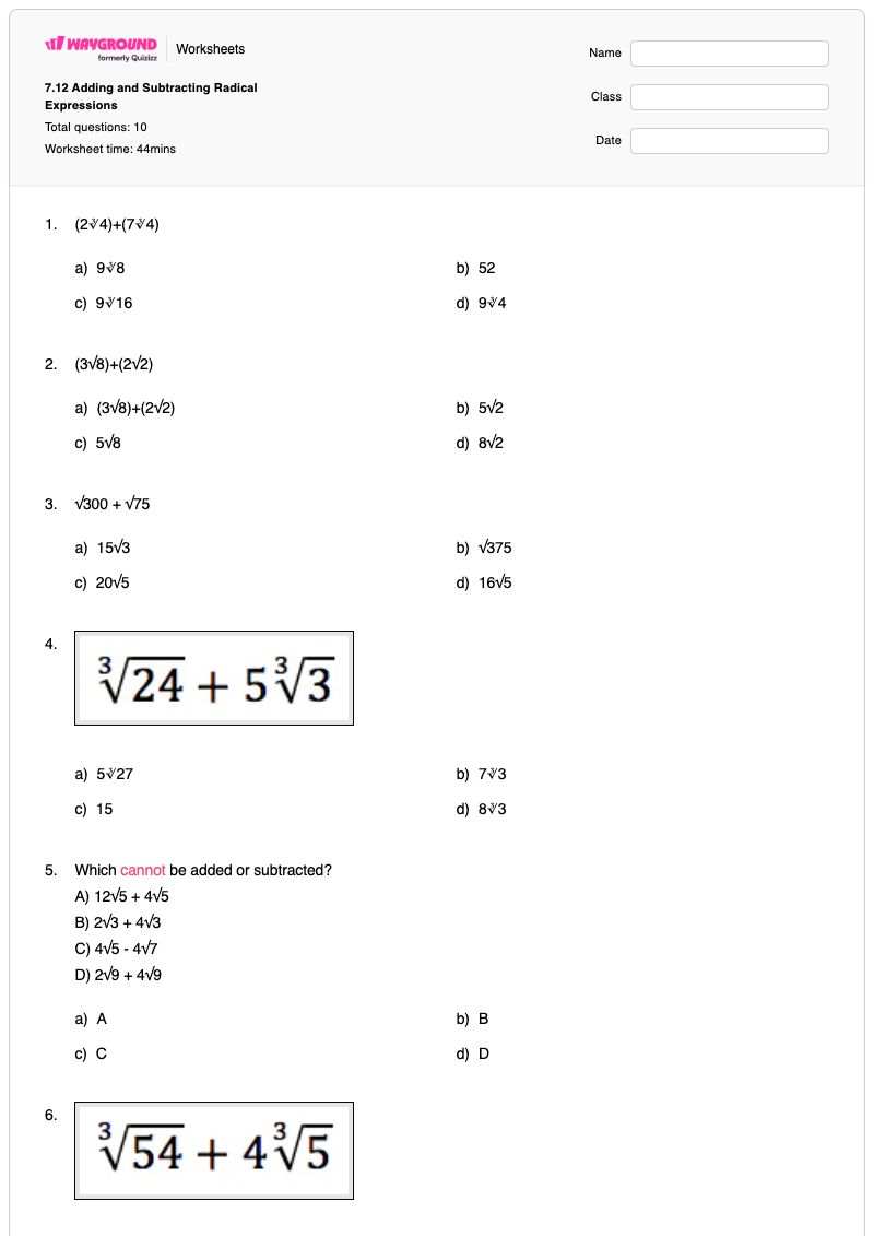 7.12 Adding and Subtracting Radical Expressions - พิมพ์ได้ Adding-and-subtracting-radicals เวิร์กชีท - Wayground
