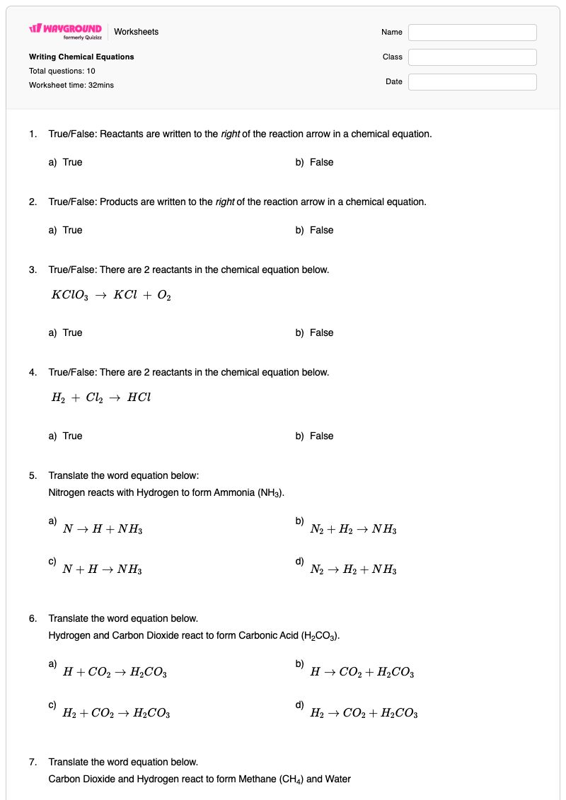 Writing Chemical Equations - พิมพ์ได้ การปรับสมดุลสมการทางเคมี เวิร์กชีท - Wayground