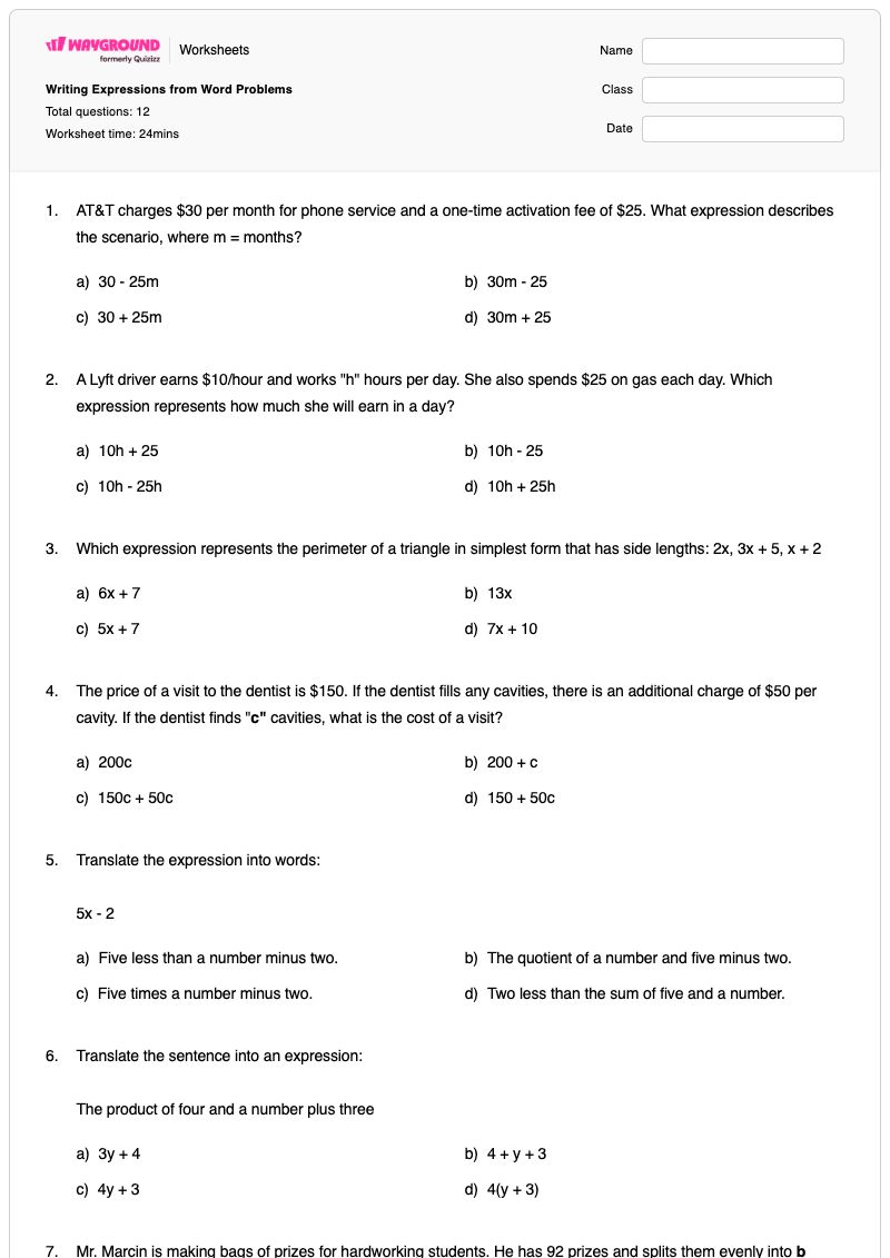 Writing Expressions from Word Problems - พิมพ์ได้ การแสดงออก เวิร์กชีท - Wayground