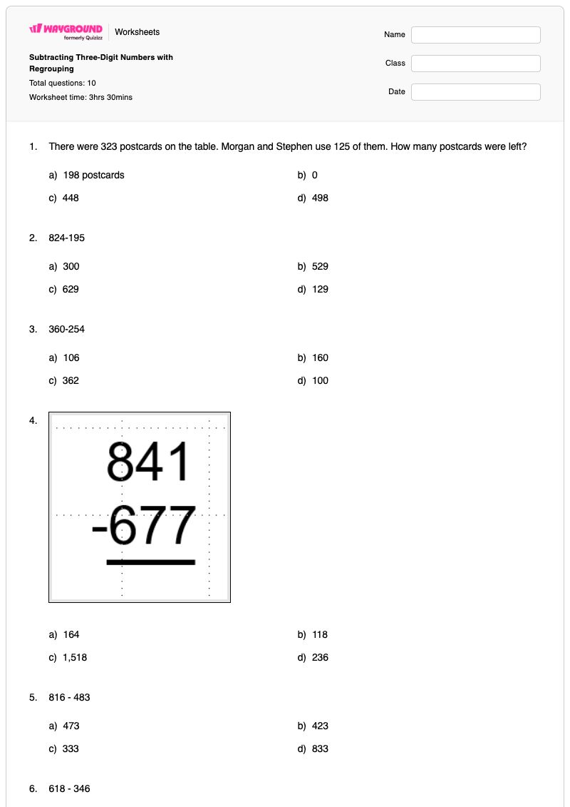 Subtracting Three-Digit Numbers with Regrouping - พิมพ์ได้ ตัวเลขสามหลัก เวิร์กชีท - Wayground