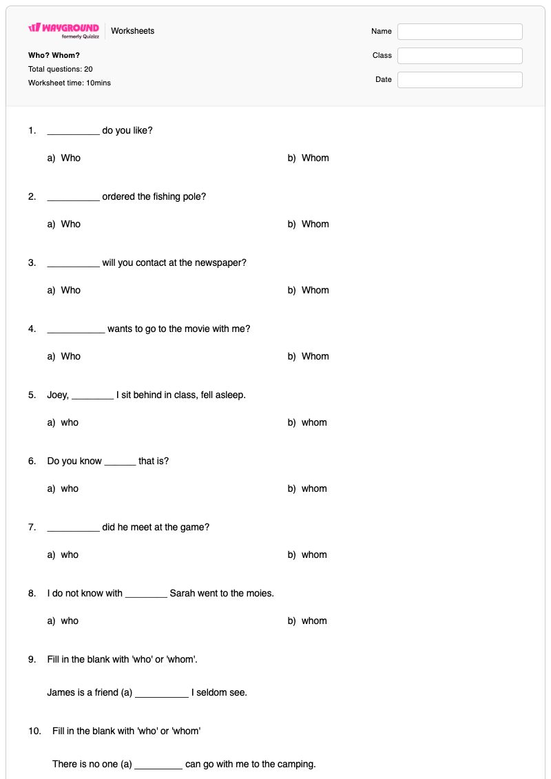 Who? Whom? - Printable Who-what-when-where-why-questions Worksheets Kindergarten - Wayground