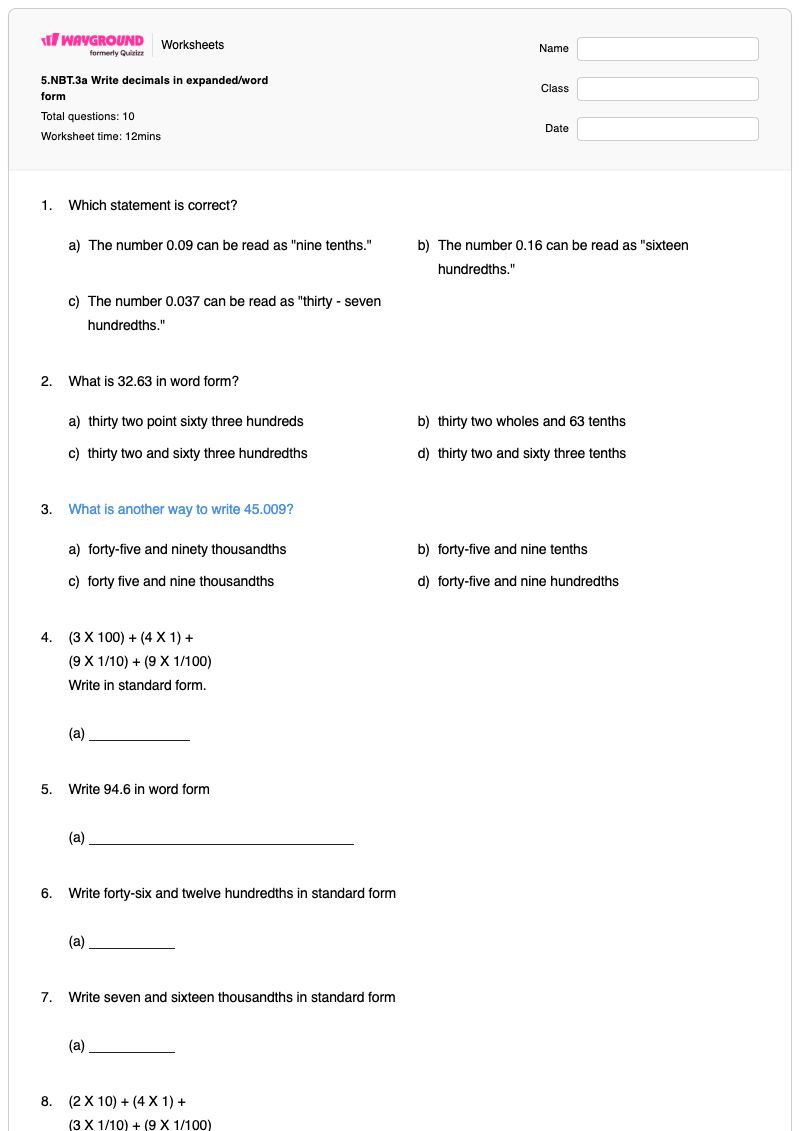 5.NBT.3a Write decimals in expanded/word form - พิมพ์ได้ รูปแบบคำ เวิร์กชีท - Wayground