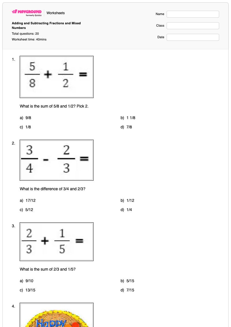 Adding and Subtracting Fractions and Mixed Numbers - Printable Mixed-addition-and-subtraction Worksheets - Wayground