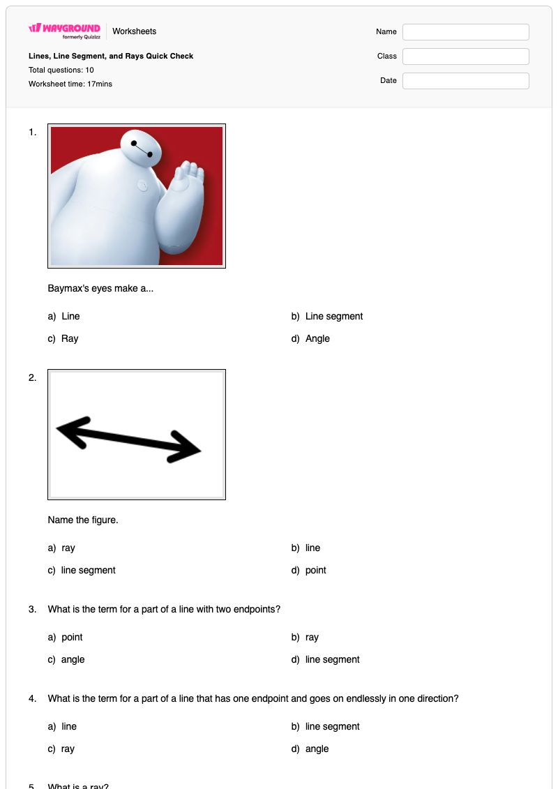Lines, Line Segment, and Rays Quick Check - Printable Line-segments Worksheets - Wayground
