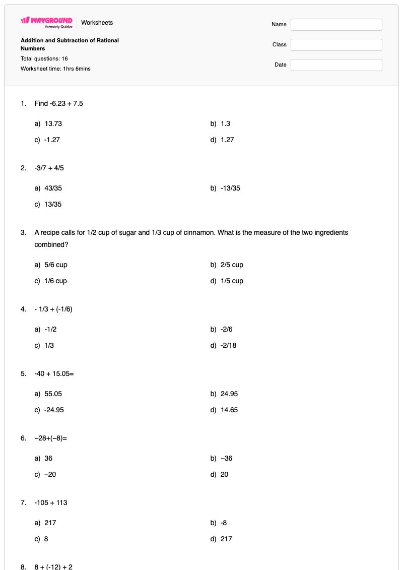 Addition and Subtraction of Rational Numbers - Printable Subtraction Worksheets - Wayground