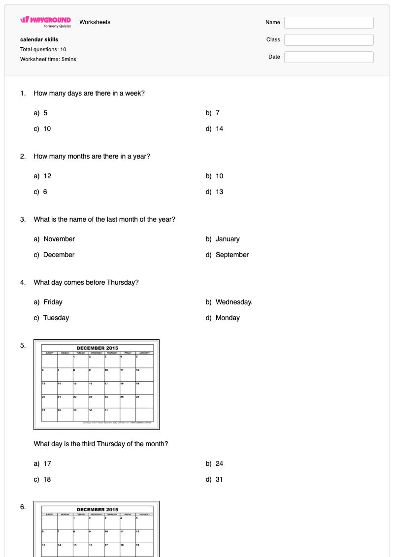 calendar skills - Printable Calendar-skills Worksheets - Wayground