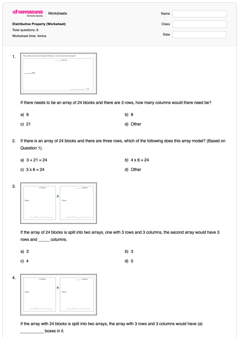 Distributive Property (Worksheet) - Printable Arrays:-rows-and-columns Worksheets Year 5 - Wayground