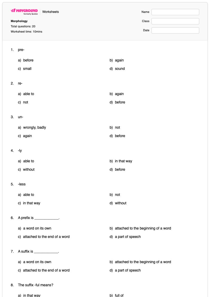 Morphology - พิมพ์ได้ Prefixes-and-suffixes เวิร์กชีท - Wayground