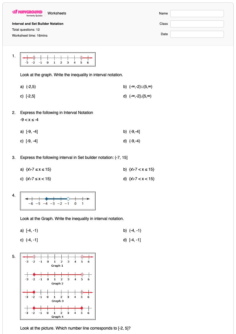 Interval and Set Builder Notation - พิมพ์ได้ Set-notation เวิร์กชีท - Wayground