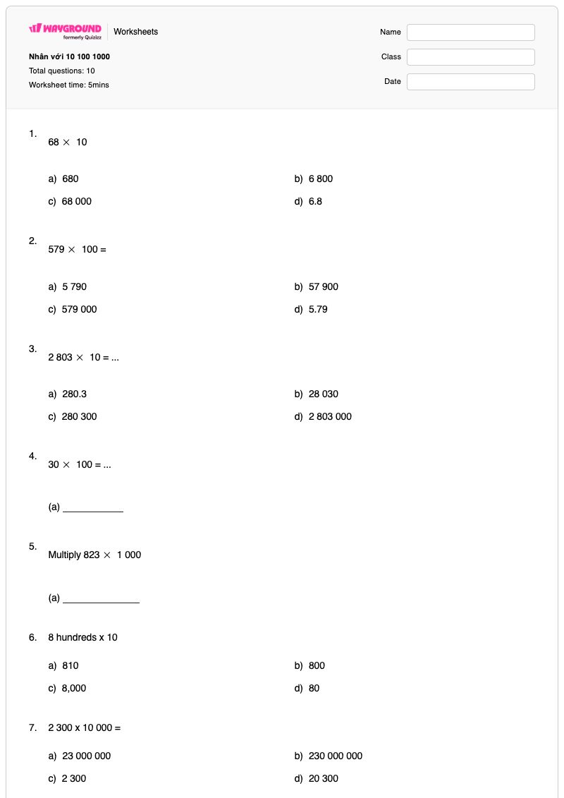 Multiply by 10 100 1000 - Printable Numbers-to-1000 Worksheets Class 4 - Wayground