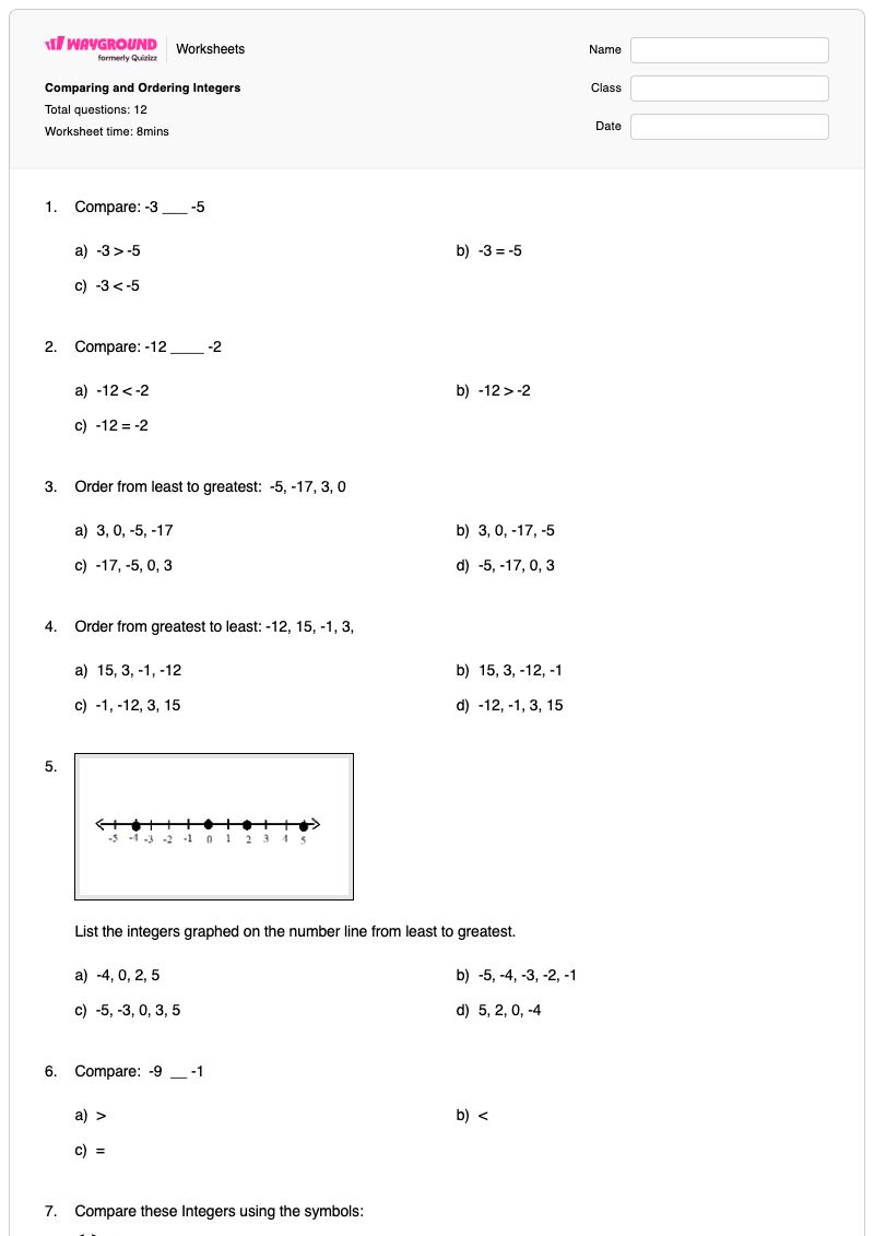 Comparing and Ordering Integers - พิมพ์ได้ การเรียงลำดับจำนวนเต็ม เวิร์กชีท - Wayground