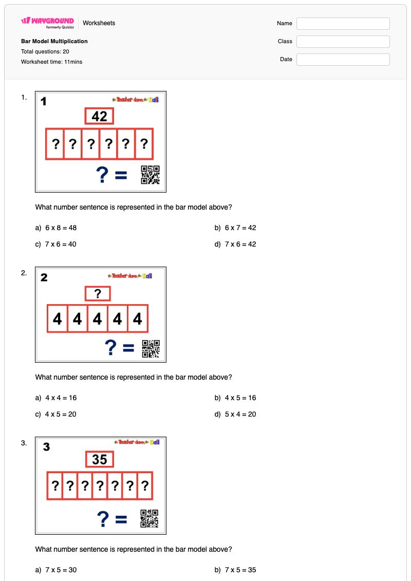Bar Model Multiplication - พิมพ์ได้ แบบจำลองบล็อก เวิร์กชีท ระดับ 3 - Wayground