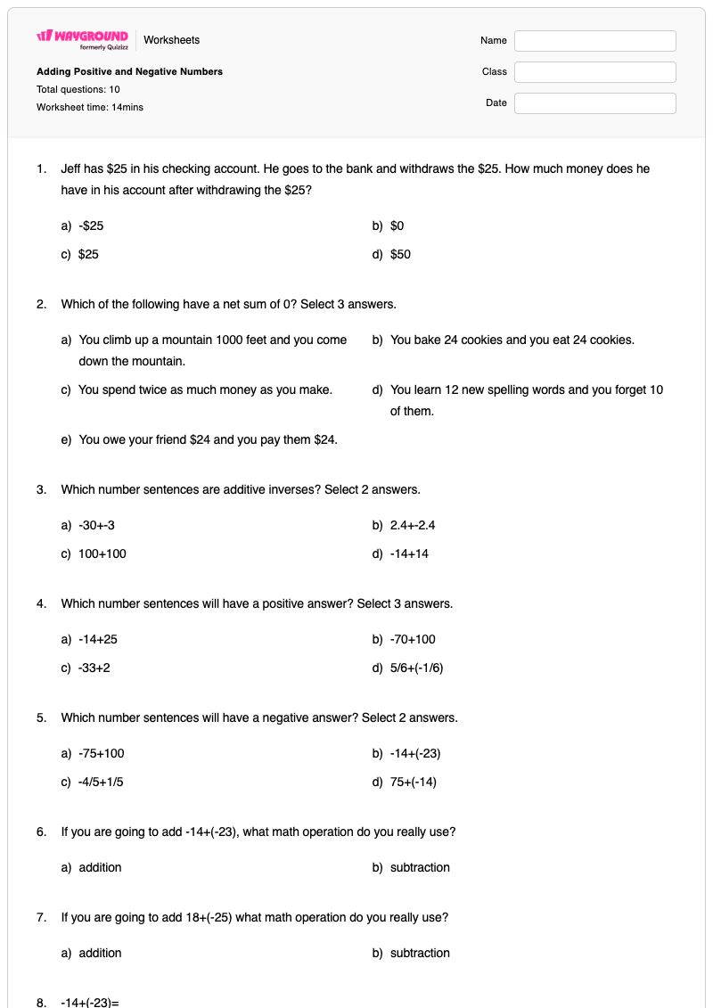 Adding Positive and Negative Numbers - Printable Positive-and-negative-numbers Worksheets Class 7 - Wayground