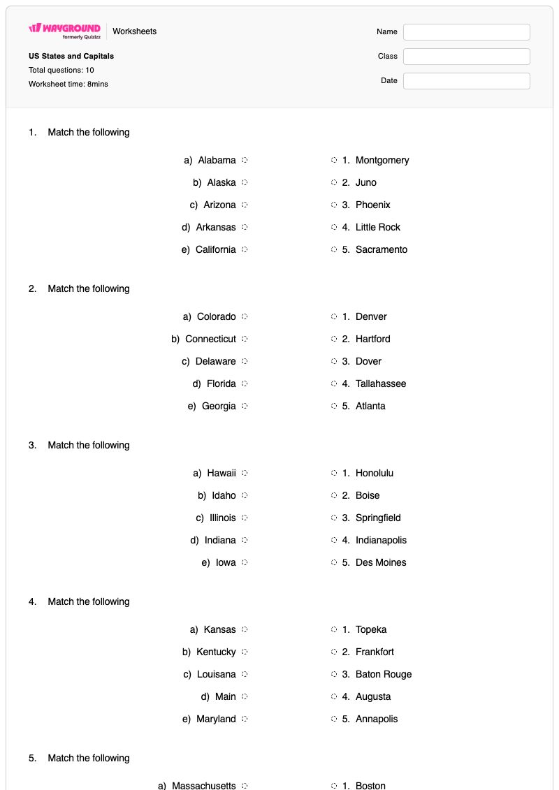 US States and Capitals - Printable States-and-capitals Worksheets - Wayground