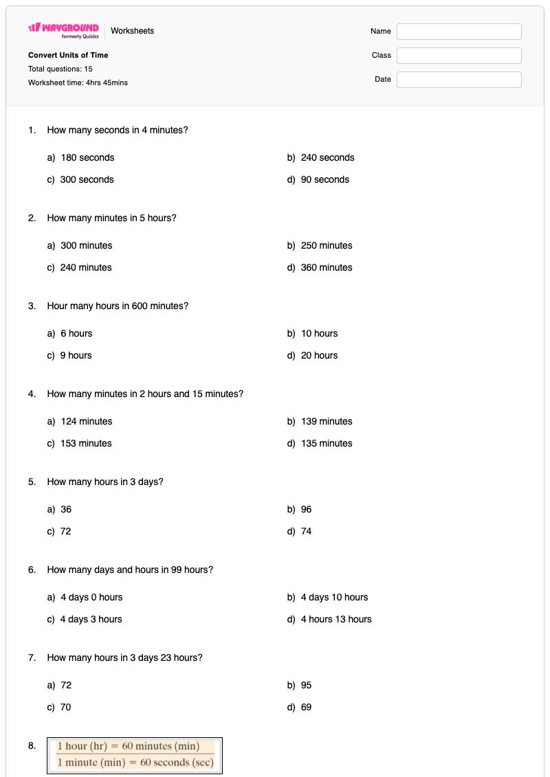 Convert Units of Time - พิมพ์ได้ Units-of-time เวิร์กชีท - Wayground