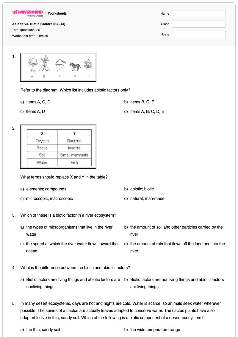 Abiotic vs. Biotic Factors (S7L4a)  - พิมพ์ได้ Abiotic-factors เวิร์กชีท - Wayground