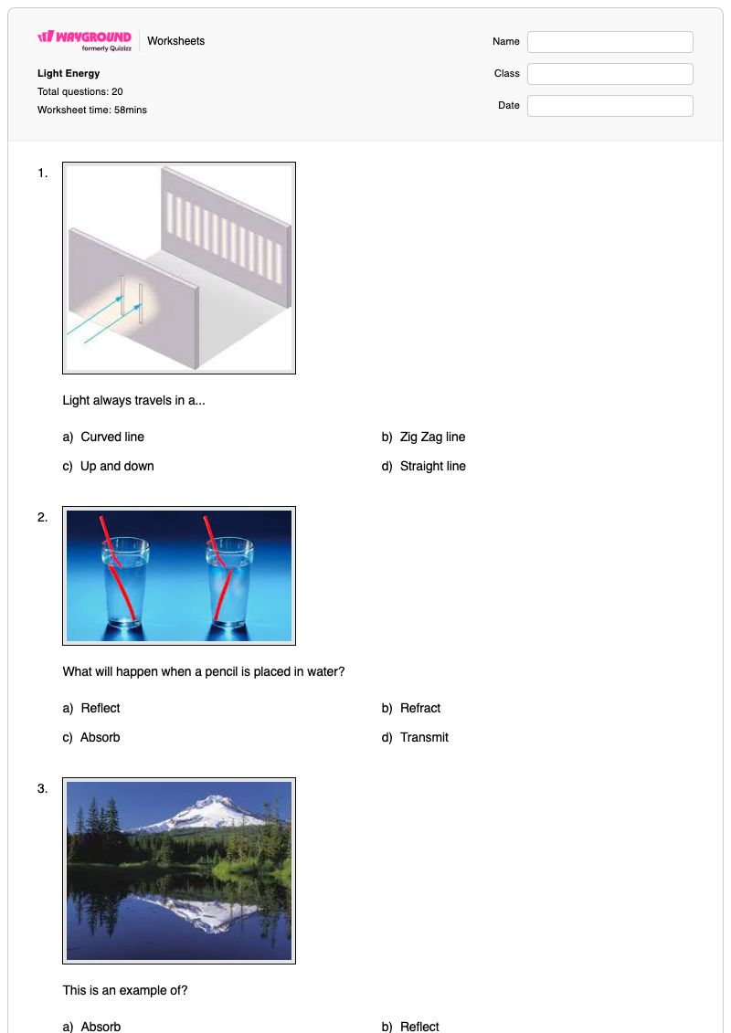 Light Energy - Printable Light-energy Worksheets Year 3 - Wayground