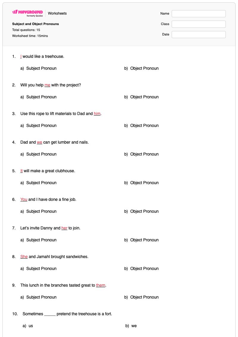 Subject and Object Pronouns - พิมพ์ได้ ประธานและกรรม เวิร์กชีท ระดับ 5 - Wayground