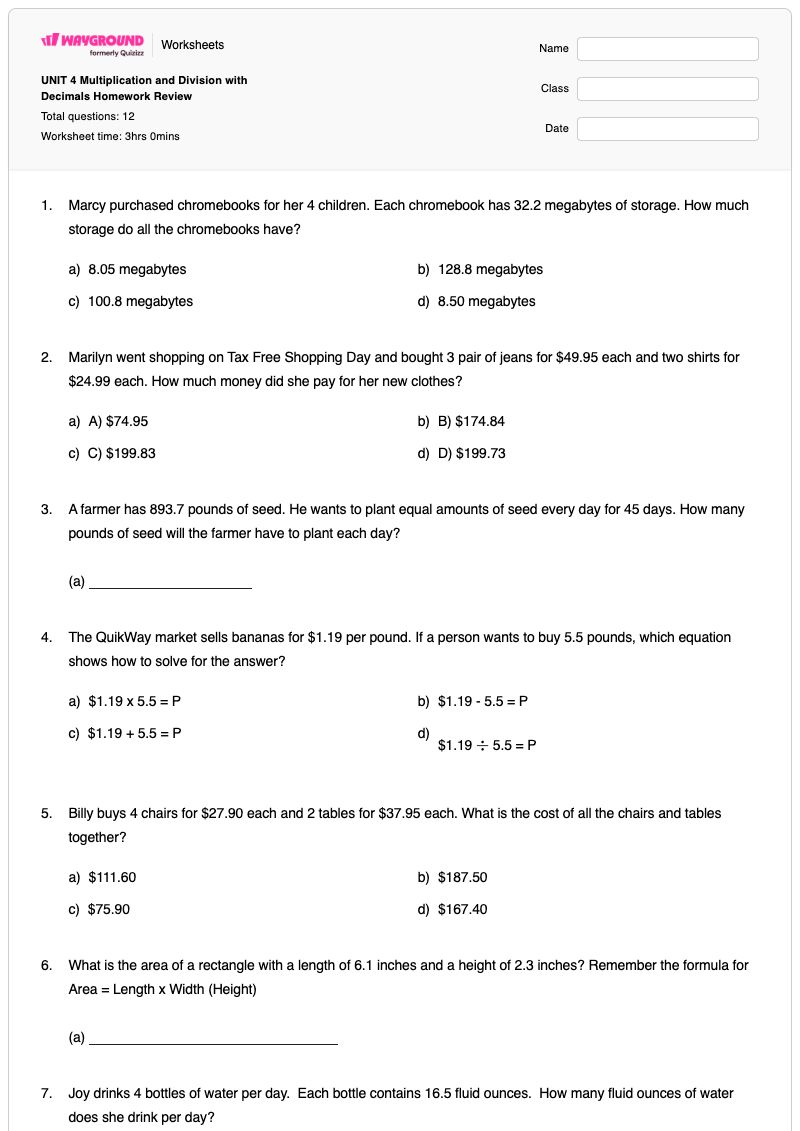 UNIT 4 Multiplication and Division with Decimals Homework Review - Printable Multiplication Worksheets - Wayground