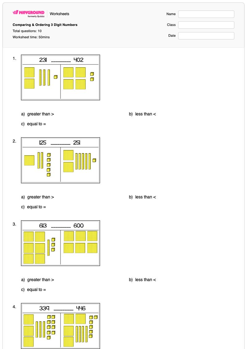 Comparing & Ordering 3 Digit Numbers - พิมพ์ได้ Number-ordering เวิร์กชีท - Wayground