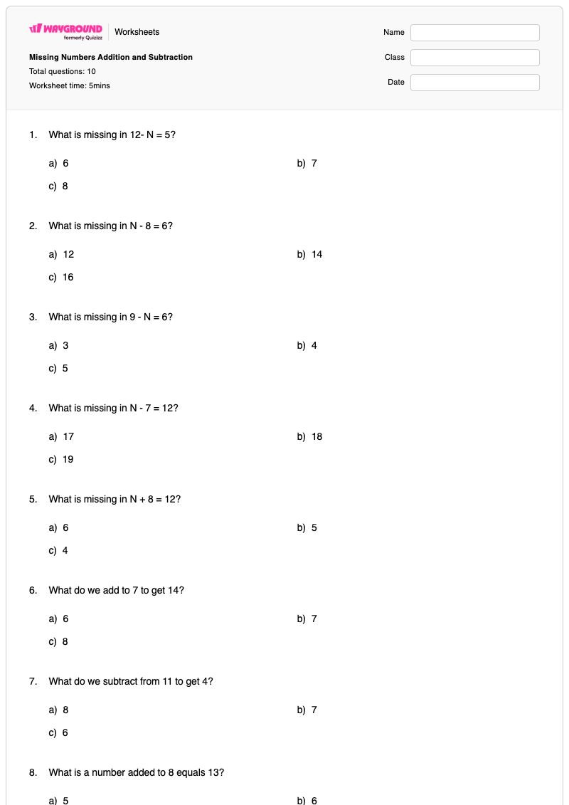 Missing Numbers Addition and Subtraction - พิมพ์ได้ การลบและการหาตัวเลขที่หายไป เวิร์กชีท - Wayground