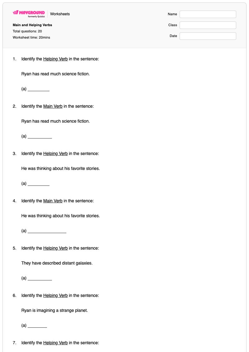 Main and Helping Verbs - Printable Helping-verbs Worksheets Year 4 - Wayground