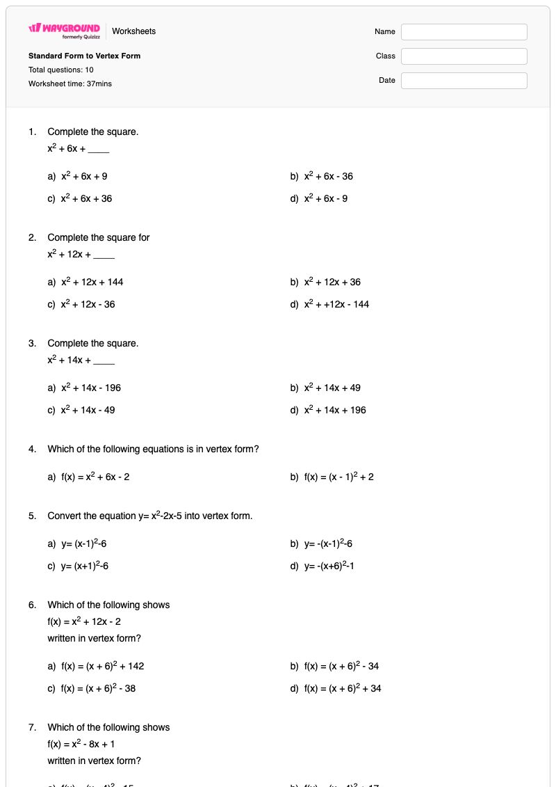 Standard Form to Vertex Form - พิมพ์ได้ Vertex-form เวิร์กชีท - Wayground