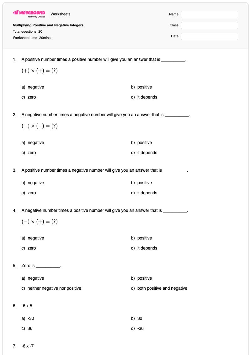 Multiplying Positive and Negative Integers - Printable Positive-and-negative-integers Worksheets Class 9 - Wayground