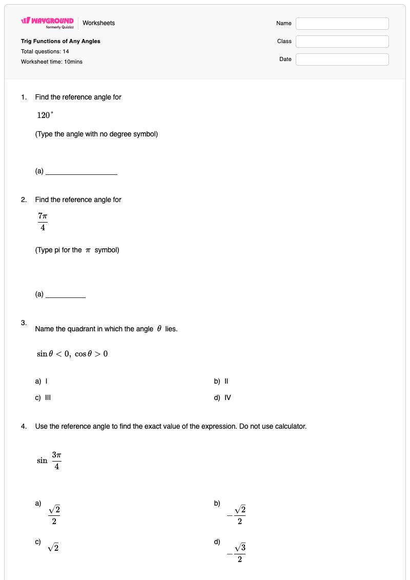 Trig Functions of Any Angles - พิมพ์ได้ การอ้างอิงเซลล์ในสเปรดชีต เวิร์กชีท - Wayground
