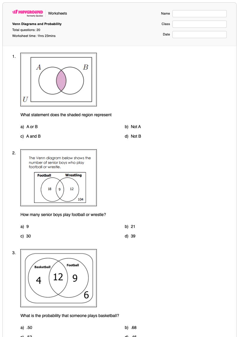 Venn Diagrams and Probability - Printable Venn-diagrams Worksheets - Wayground