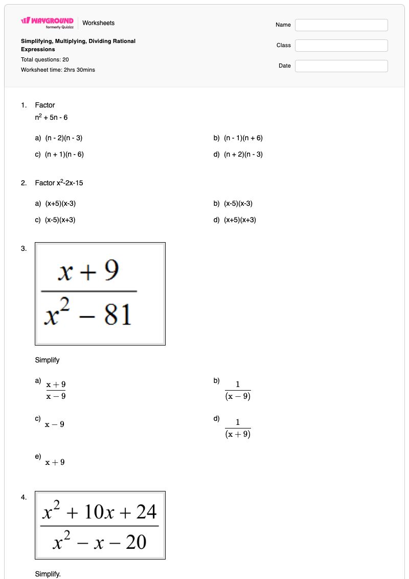 Simplifying, Multiplying, Dividing Rational Expressions - พิมพ์ได้ การแสดงออก เวิร์กชีท - Wayground