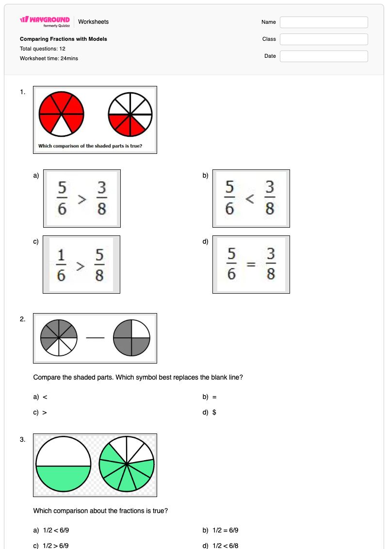 Comparing Fractions with Models - Printable Comparing-fractions Worksheets Year 3 - Wayground