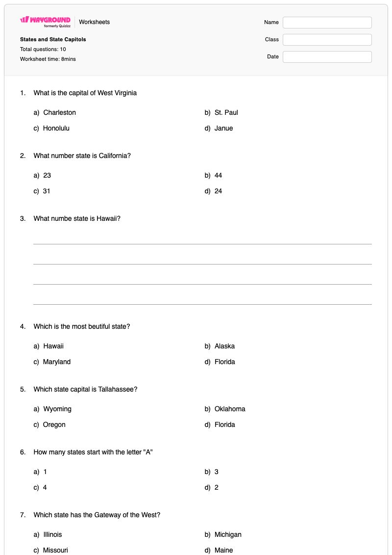 States and State Capitols - Printable States-and-capitals Worksheets - Wayground